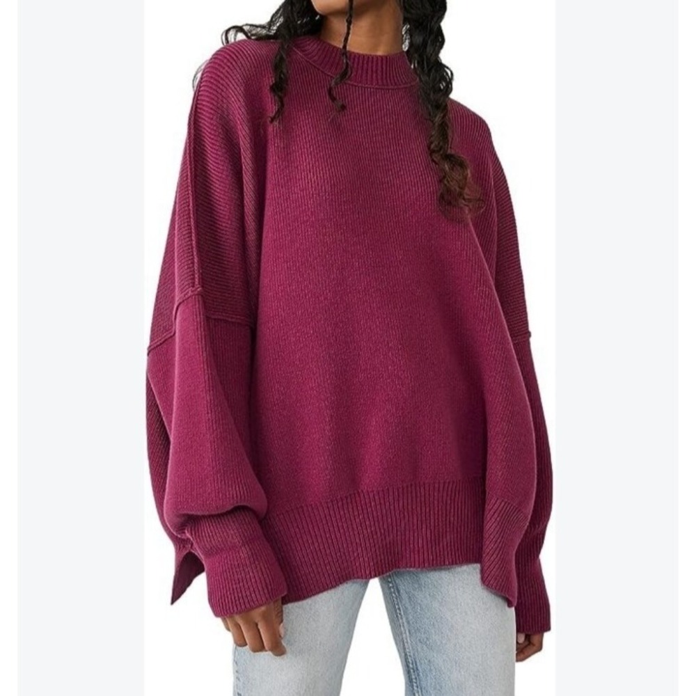 Free People Tunic Sweater OVERSIZED Women's S Purple Cotton Blend Crew-Neck